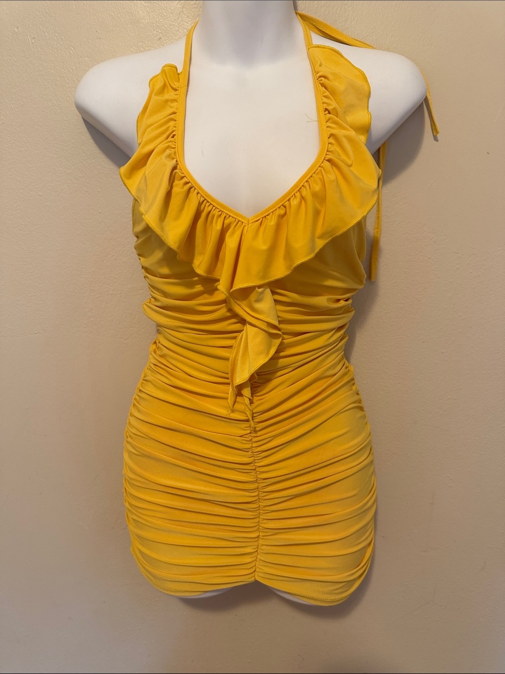 Ruffled Halter Ruched Mini Dress in Yellow